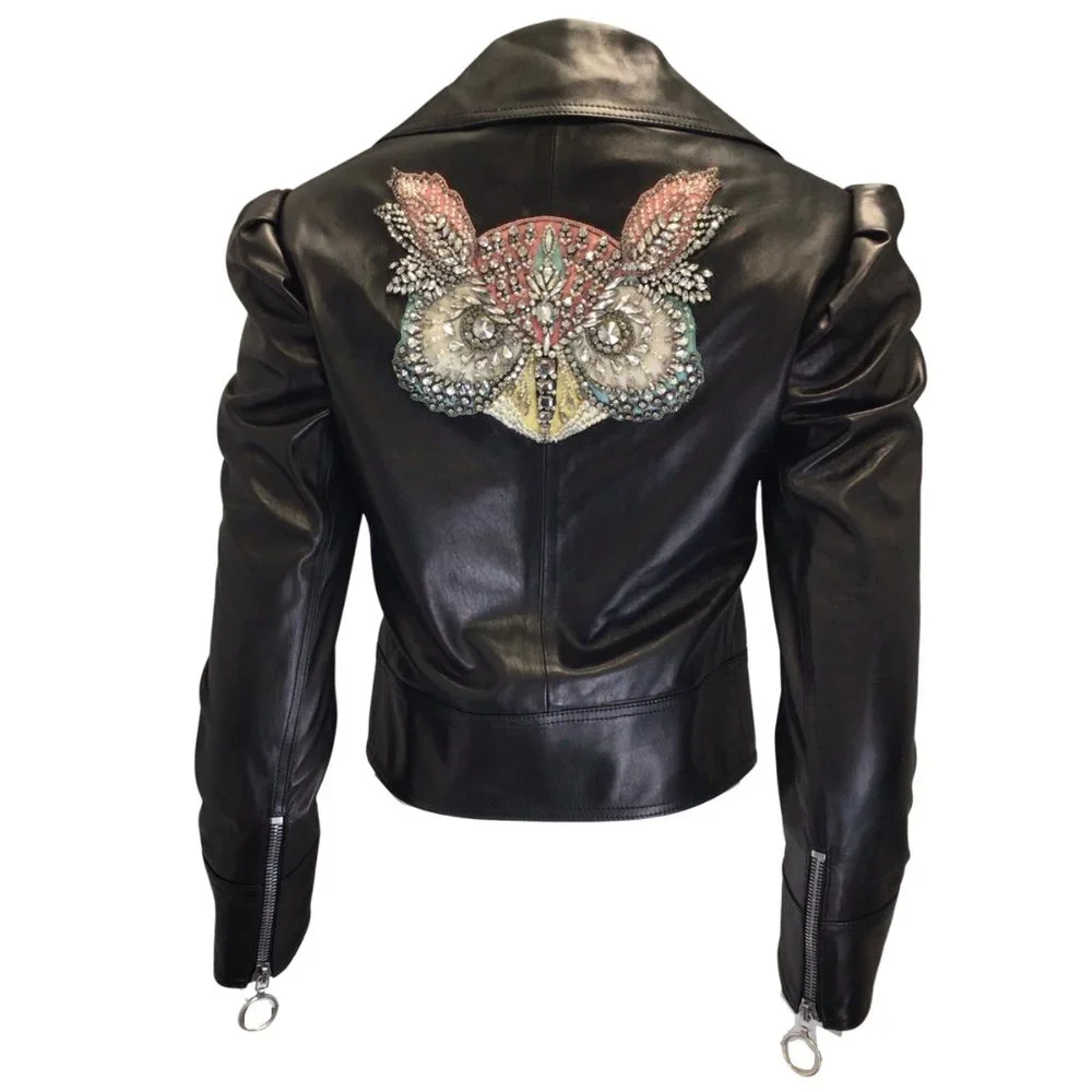 GUCCI BLACK CRYSTAL EMBELLISHED MOTO ZIP LAMBSKIN LEATHER JACKET - Picture 3 of 6